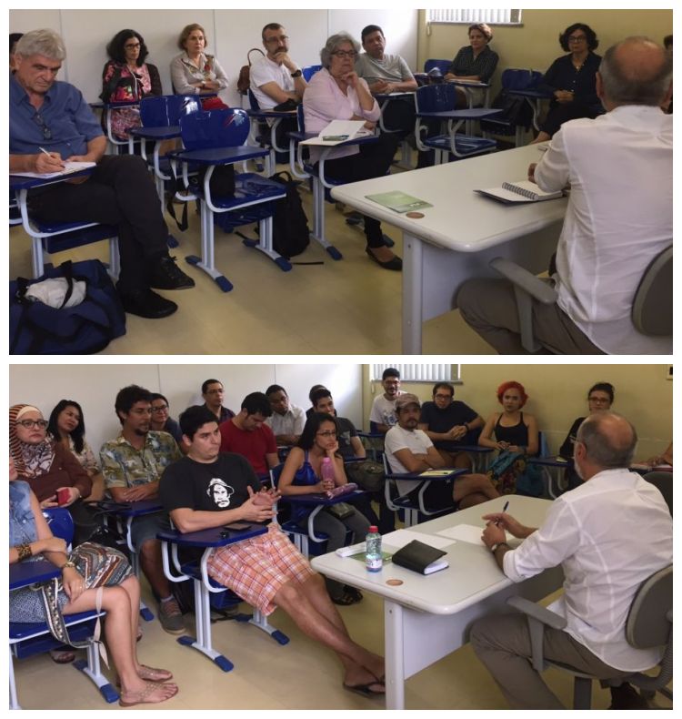 Na primeira imagem: em reunião com docentes, na segunda imagem: em reunião com discentes 